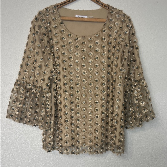 Calvin Klein Top Gold and Blue Overlay  Gorgeous Bell Sleeve Special Occasion L - Picture 4 of 6